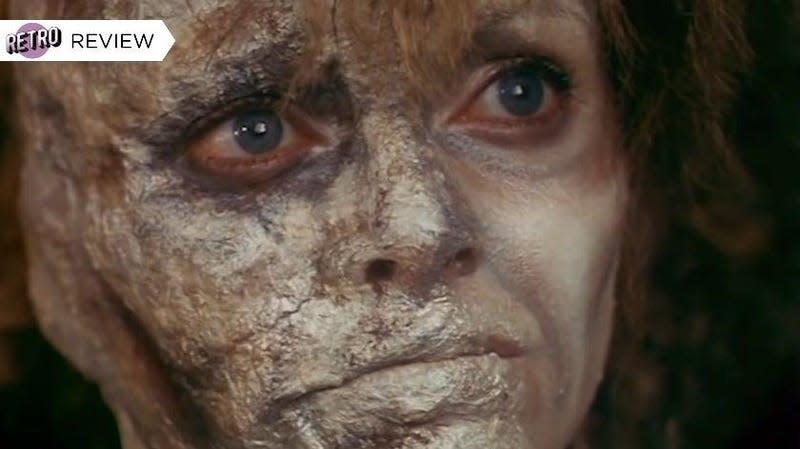 A close-up of a woman zombie