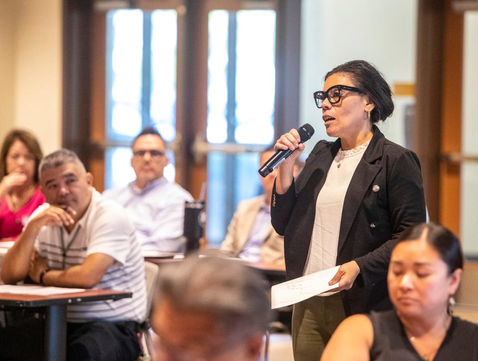 TODEC Executive Director Luz Gallegos talks about food shortages and needs among farmworkers during a roundtable Tuesday in Thermal with U.S. Rep. Raul Ruiz.