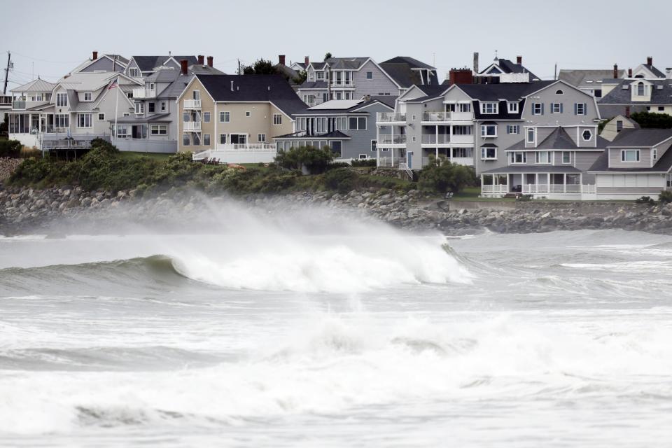 Waves come ashore, Saturday, Sept. 15, 2023, in Hampton Beach, N.H. Severe conditions were predicted across parts of New England and hurricane conditions could hit the Canadian provinces of New Brunswick and Nova Scotia, where the storm, Lee, downgraded early Saturday from hurricane to post-tropical cyclone, was expected to make landfall later in the day.(AP Photo/Michael Dwyer)