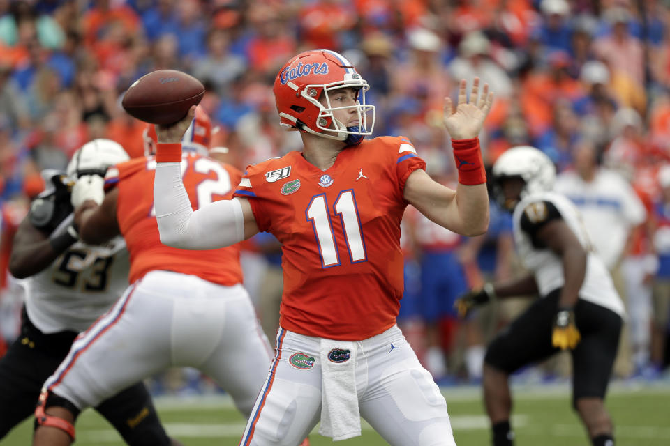 Florida quarterback Kyle Trask (11) throws a pass during the first half of an NCAA college football game against Towson, Saturday, Sept. 28, 2019, in Gainesville, Fla. (AP Photo/John Raoux)