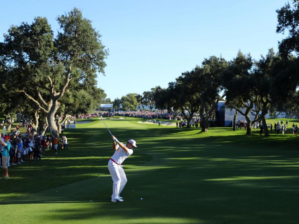 Garcia hits his second shot on the 18th hole during the final round of of the Andalucia Valderrama Masters (Getty)