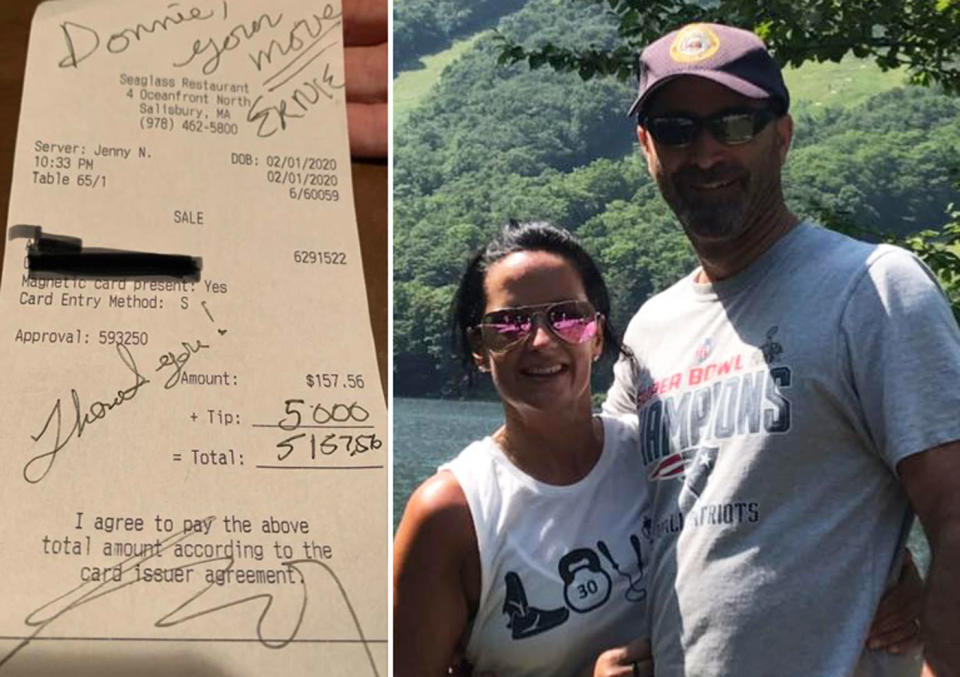 Jennifer Navaria is pictured with a man. Also pictured is a tip she received for US$5000.