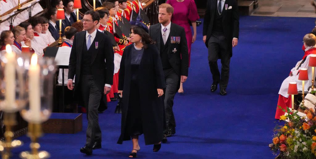 london, england may 06 princess eugenie and jack brooksbank front, harry, duke of sussex c and princess beatrice and edoardo mapelli mozzi arrive to attend the coronation of king charles iii and queen camilla on may 6, 2023 in london, england the coronation of charles iii and his wife, camilla, as king and queen of the united kingdom of great britain and northern ireland, and the other commonwealth realms takes place at westminster abbey today charles acceded to the throne on 8 september 2022, upon the death of his mother, elizabeth ii photo by aaron chown wpa poolgetty images