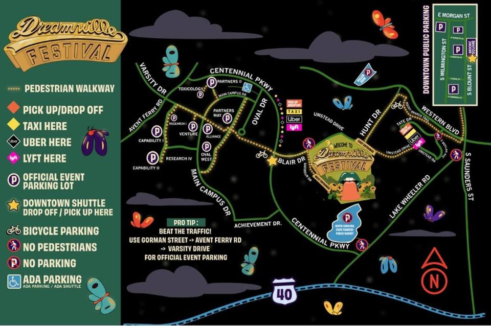 The traffic map with routes to get to Dorothea Dix Park is available online at support.dreamvillefest.com. The map shows parking lots, ADA lots and how to get to the park by foot, bike, car, ride share or train.