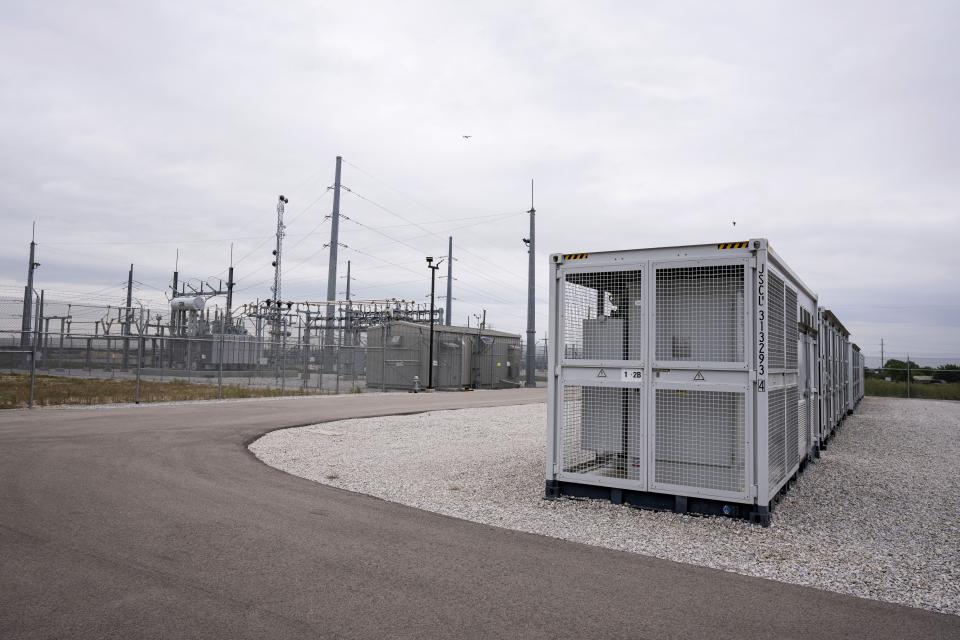 This photo shows part of a battery energy storage facility in Saginaw, Texas, April 25, 2023, that is owned and operated by Eolian L.P. Eolian will begin construction later this year in Portland, Ore., on projects to serve Portland General Electric, the utility that serves metropolitan Portland, the largest battery procurement of their kind outside California. (AP Photo/Sam Hodde)