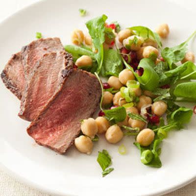 Steak with Chickpea, Pomegranate and Arugula Salad