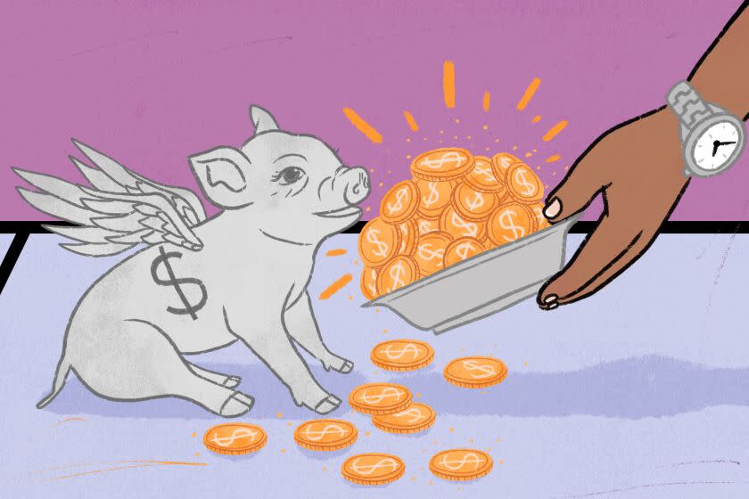 A silver pig with wings is being fed gold coins from a plate.