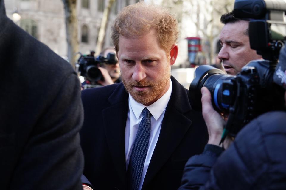 The Duke of Sussex (centre) arrives at the Royal Courts Of Justice, central London, ahead of a hearing claim over allegations of unlawful information gathering brought against Associated Newspapers Limited (ANL) by seven people (PA)