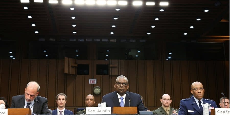 U.S. Defense Secretary Lloyd Austin (center) at a hearing before the Senate Armed Services Committee in Washington, U.S., April 9, 2024