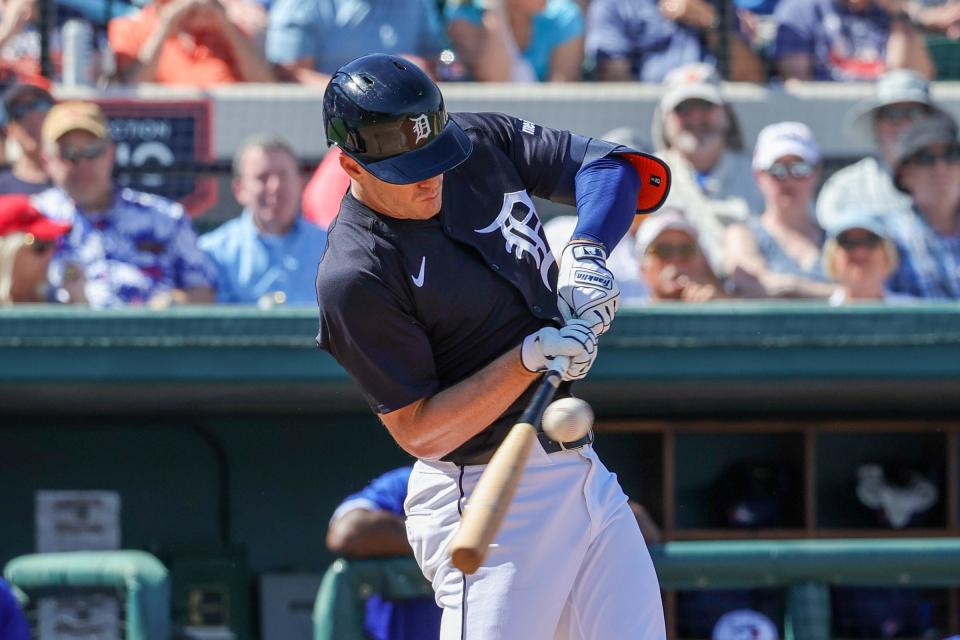 Detroit Tigers left fielder Mark Canha bats during the third inning against the Toronto Blue Jays at Publix Field at Joker Marchant Stadium on Thursday, Feb. 27, 2024 in Lakeland, Florida.