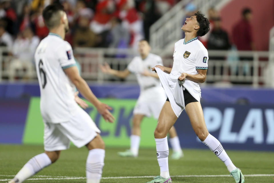 Indonesia's Rafael William Struick, right, reacts during the Asian Cup Group D soccer match between Vietnam and Indonesia at Abdullah Bin Khalifa Stadium in Doha, Qatar, Friday, Jan. 19, 2024. (AP Photo/Hussein Sayed)