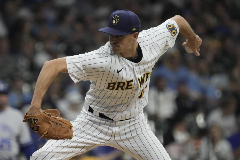 Milwaukee Brewers' Hoby Milner throws during the fifth inning of a baseball game against the Kansas City Royals Saturday, May 13, 2023, in Milwaukee. (AP Photo/Morry Gash)