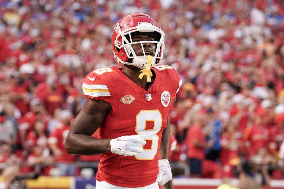 Kansas City Chiefs wide receiver Justyn Ross, shown during a game against the Detroit Lions on Sept. 7, 2023.