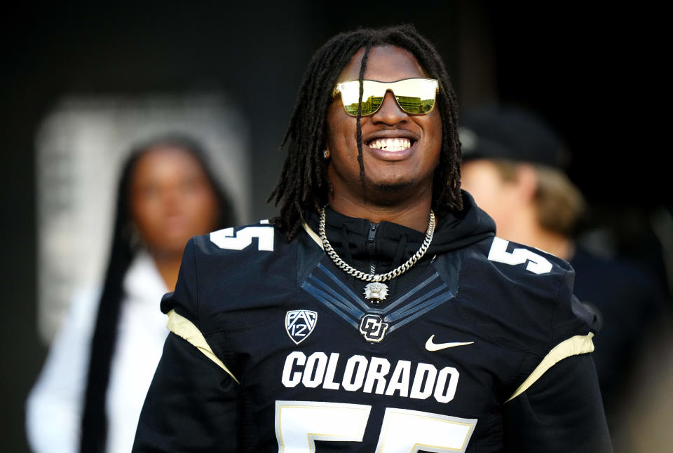 Sep 16, 2023; Boulder, Colorado, USA; Colorado Buffaloes center Van Wells (55) before the game against the Colorado State Rams at Folsom Field. Mandatory Credit: Ron Chenoy-USA TODAY Sports