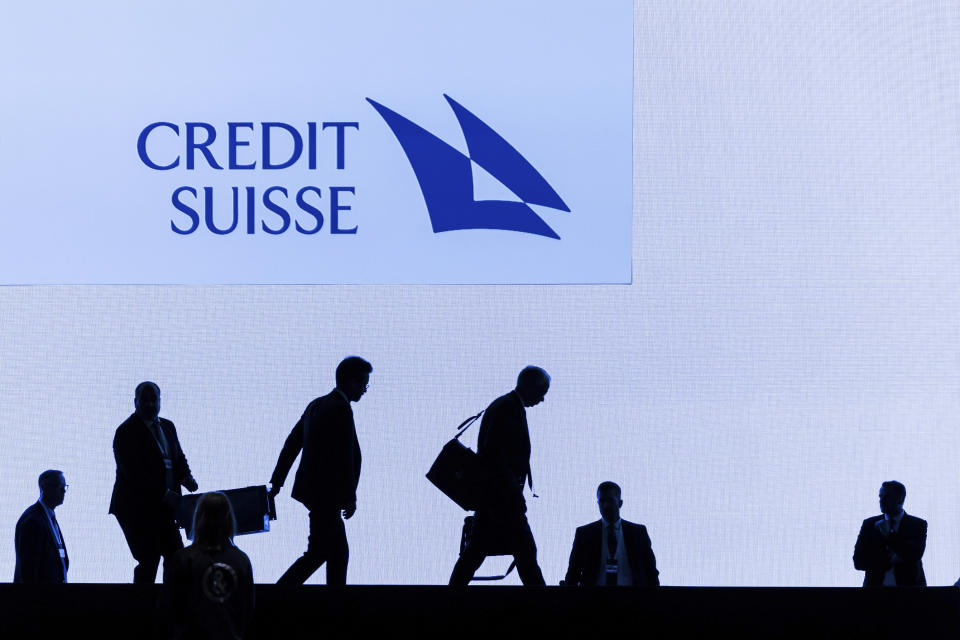 FILE - Swiss bank Credit Suisse CEO Ulrich Koerner, third right, leaves the stage after the annual shareholders' meeting of the Swiss banking group on Tuesday, April 4, 2023 in Zurich, Switzerland. A U.S. Senate committee has accused the embattled Swiss bank Credit Suisse of limiting the scope of an internal probe into Nazi clients and Nazi-linked accounts. (Michael Buholzer/Keystone via AP, File)