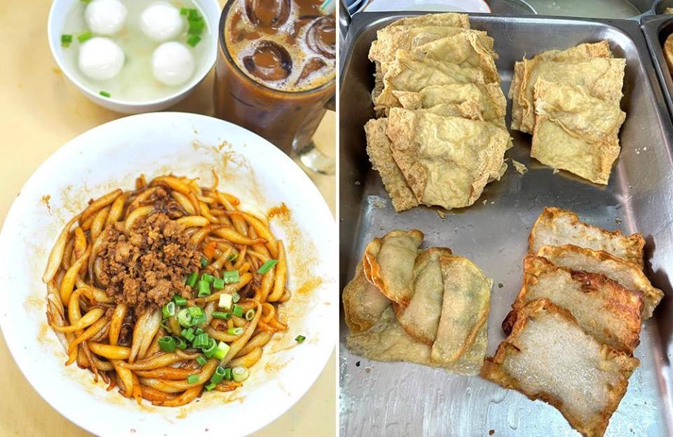 Your choice of noodles like this 'loh shue fan' is served with a mix of minced meat and soy sauce (left). Try the unusual butterflied 'yau char kwai' layered with fish paste that is crunchy and delicious (right).