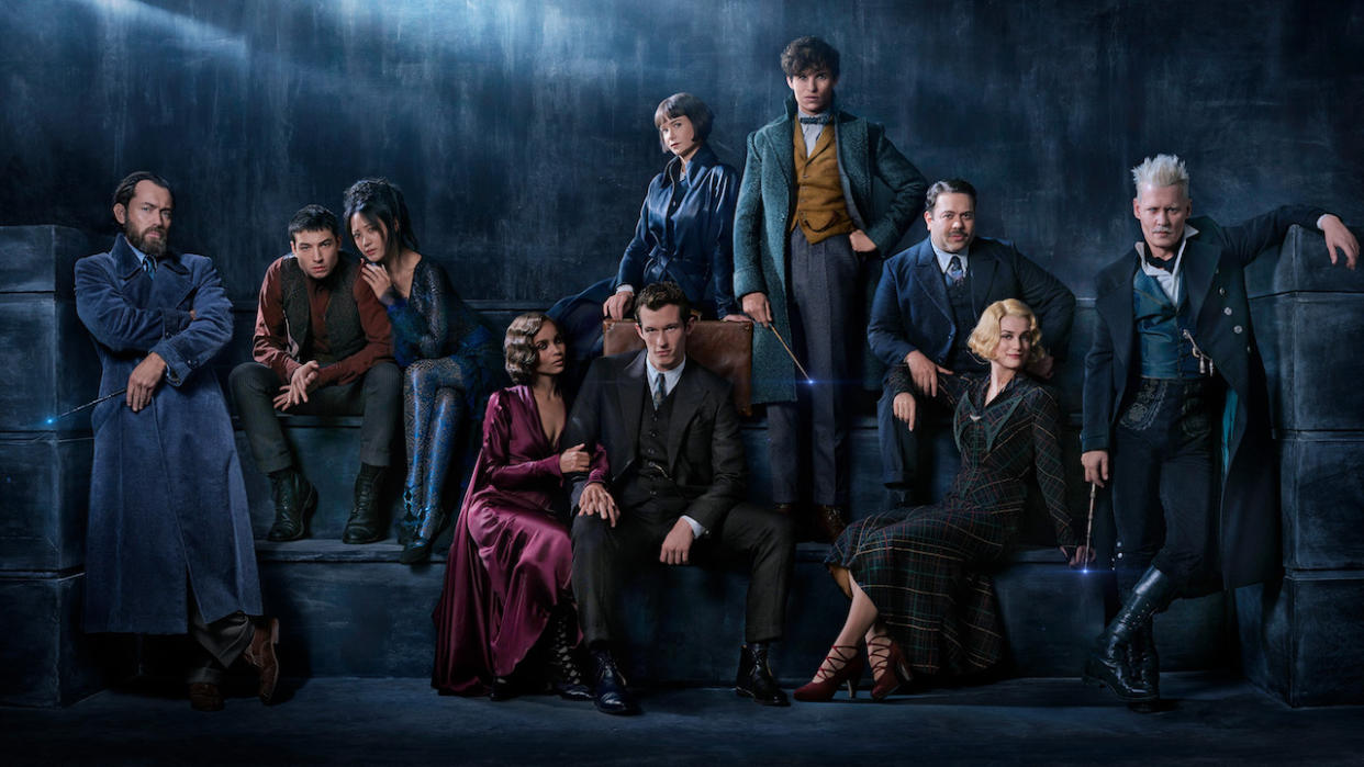 From left: Jude Law, Ezra Miller, Claudia Kim, Zoë Kravitz, Callum Turner, Katherine Waterston, Eddie Redmayne, Dan Fogler, Alison Sudol, and Johnny Depp in <i>Fantastic Beasts: The Crimes of Grindelwald.</i> (Photo: Warner Bros.)