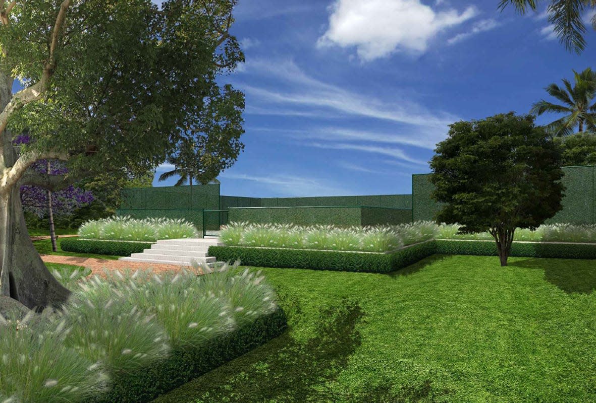 A rendering shows the lush landscaping and "green wall" designed to screen a new tennis court planned for a vacant lakeside lot opposite an oceanfront mansion at 1295 S. Ocean Blvd. in Palm Beach. The lot and mansion are owned by companies linked to billionaire Ken Griffin.
