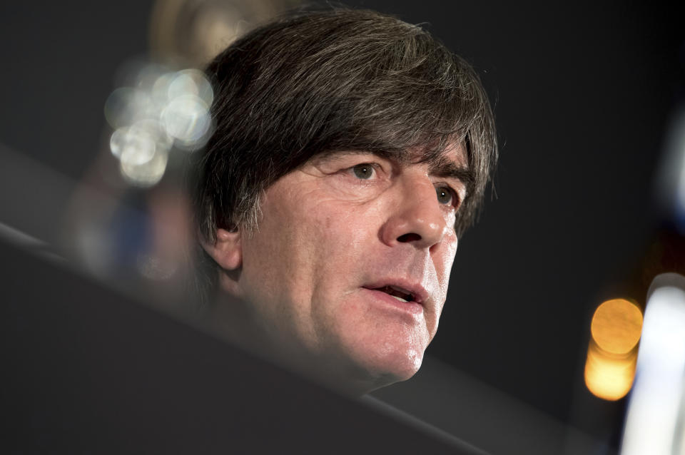 Joachim Loew, head coach of the men's German national soccer team, addresses the media during a press conference in Munich Germany, Sept. 5, 2018. Germany will face the team of France for a UEFA Nations Cup match im Munich on Thursday, Sept. 6, 2018. (Sven Hoppe/dpa via AP)