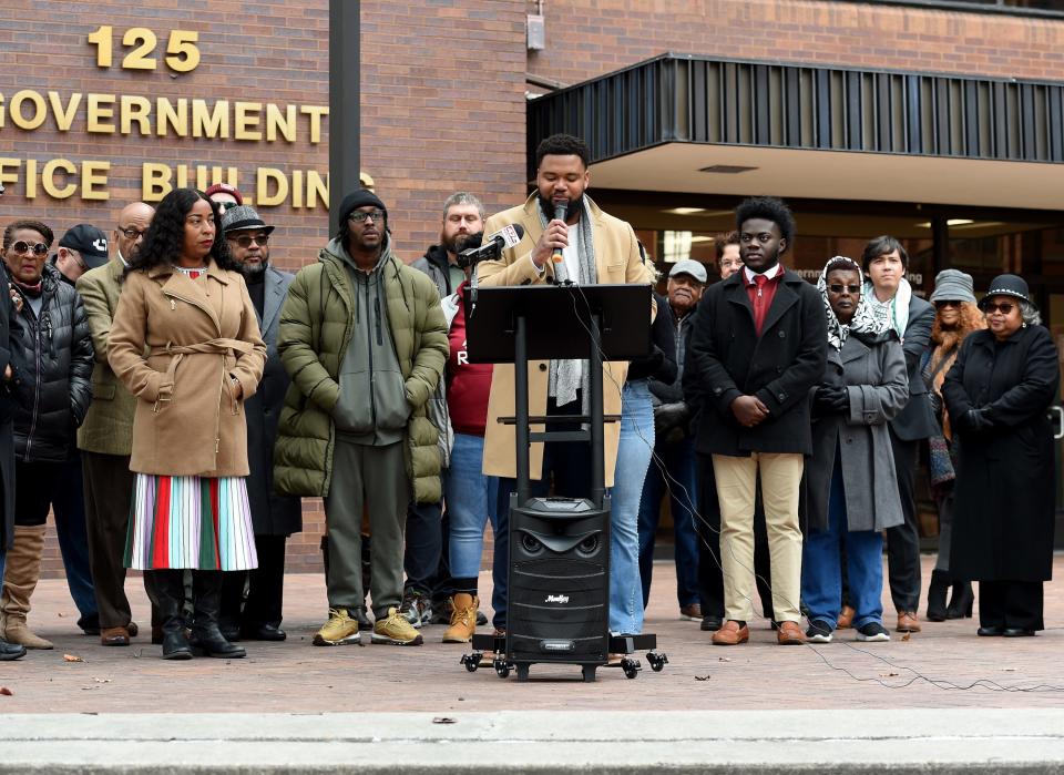 The Wicomico County Branch of the NAACP, Caucus of African American Leaders and the Watchmen with One Voice Ministerial Alliance and individual plaintiffs announced Thursday, Dec. 7, 2023, in front of the Government office building in Salisbury, Maryland a lawsuit they are filing against Wicomico County.