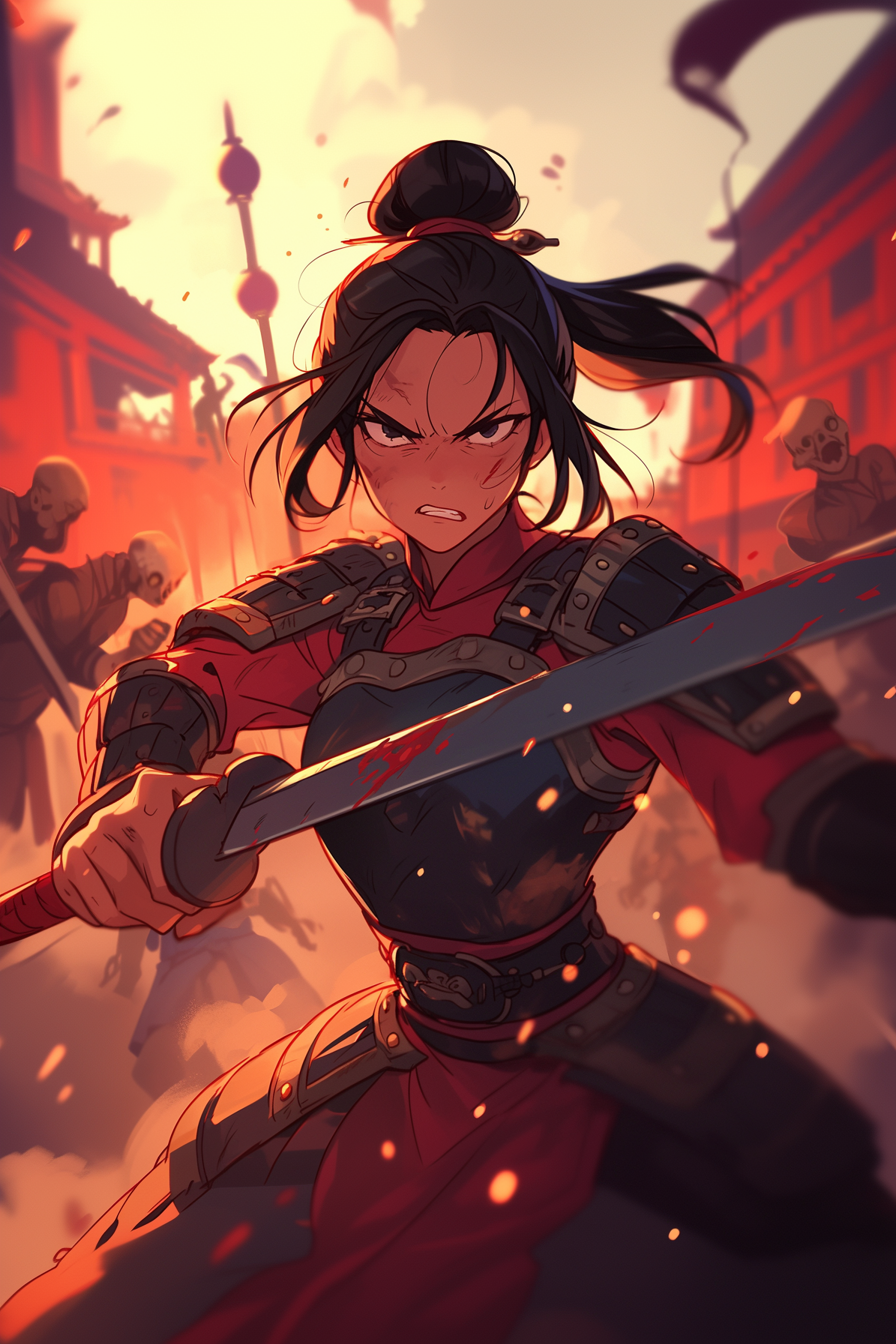 Illustration of Mulan in armor holding a sword, ready for battle with zombies in the background