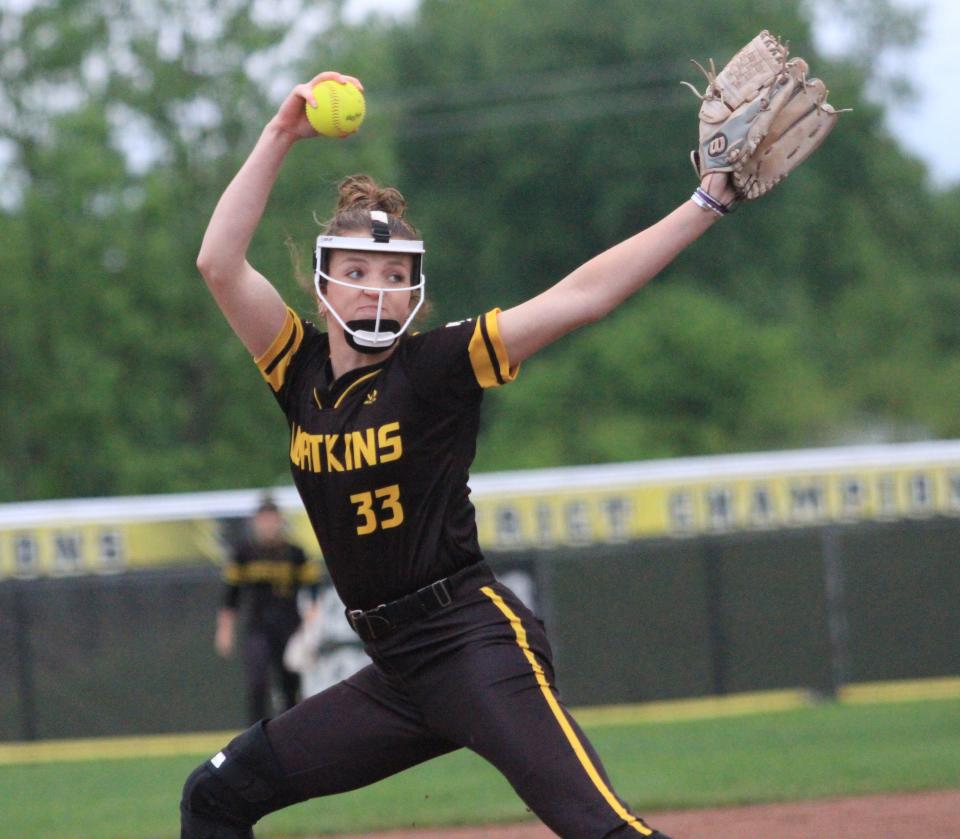 Watkins Memorial's Carsyn Cassady pitches during a 12-0 victory against visiting Dublin Coffman in a Division I district semifinal Tuesday. Cassady threw her second consecutive no-hitter of the tournament, but the top-seeded Warriors and the rest of the Division I field have to wait an extra day to play the district final after rain postponed Friday's games.