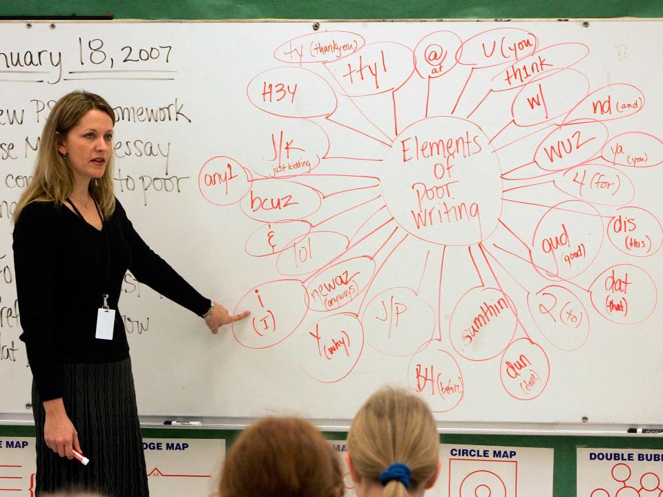 A teacher teaches language arts in 2007