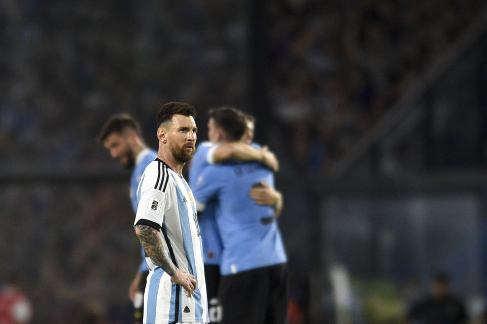 Argentina's Lionel Messi reacts at the end of a qualifying soccer match for the FIFA World Cup 2026 against Uruguay at La Bombonera stadium in Buenos Aires, Argentina, Thursday, Nov. 16, 2023. (AP Photo/Gustavo Garello)