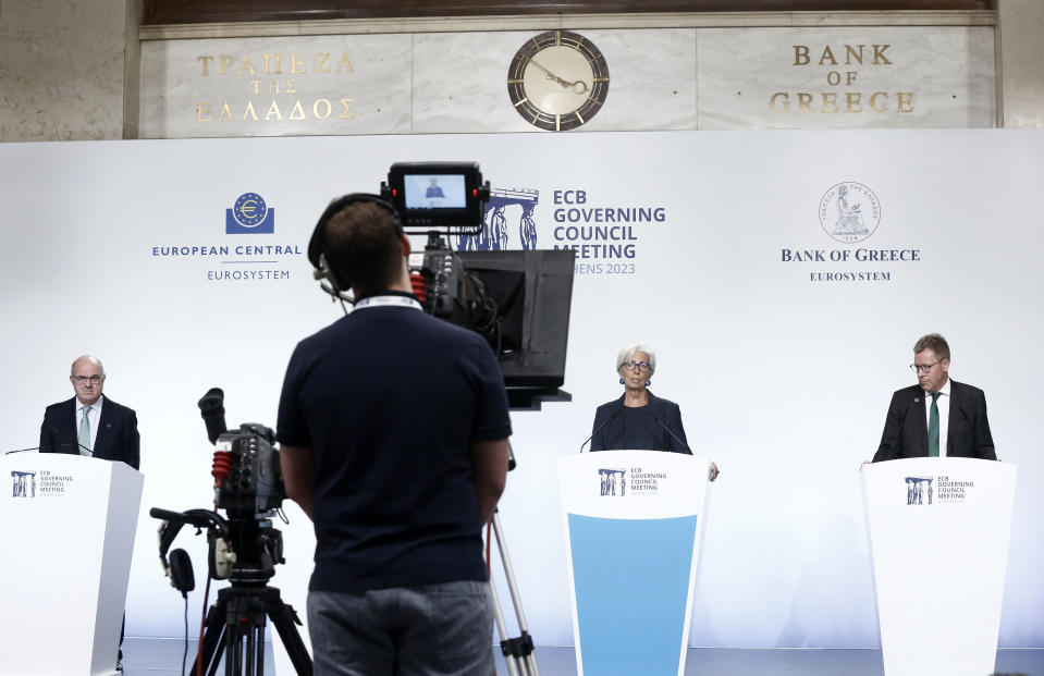 ECB President Christine Lagarde, center, speaks during a press conference at the Bank of Greece, in Athens, Thursday, Oct. 26, 2023. The European Central Bank left interest rates unchanged Thursday for the first time in over a year as the Israel-Hamas war spreads even more gloom over already downbeat prospects for Europe's economy. (AP Photo)