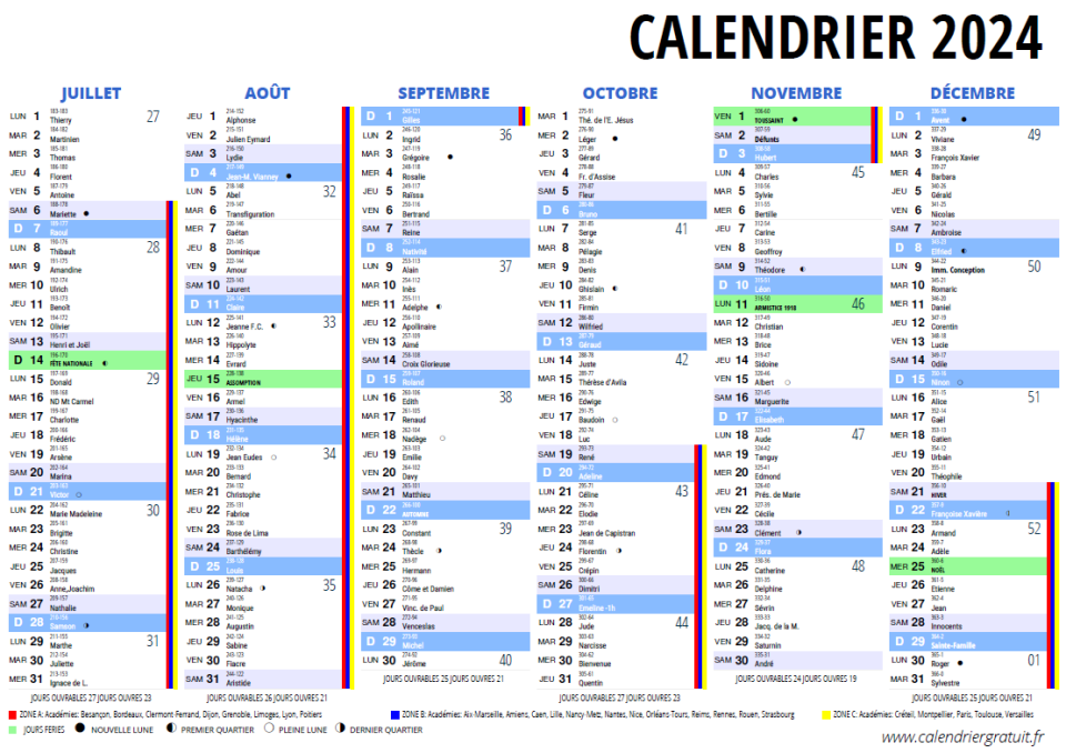 Le calendrier 2024 avec les jours fériés (de juillet à décembre)