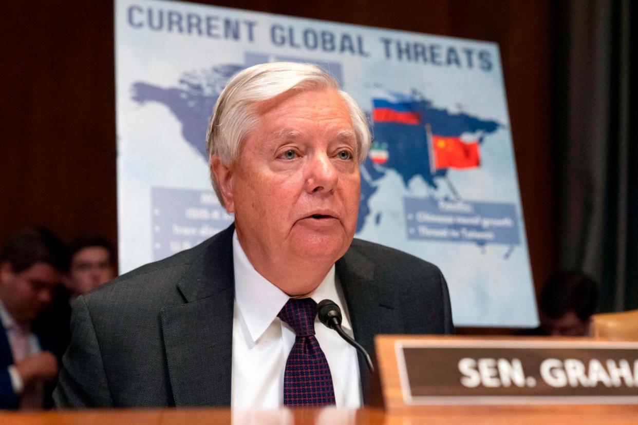 PHOTO: Sen. Lindsey Graham speaks during a hearing of the Senate Appropriations Committee Subcommittee on Defense with Secretary of Defense Lloyd Austin and Chairman of the Joint Chiefs of Staff Air Force Gen. CQ Brown on Capitol Hill, May 8, 2024. (Mark Schiefelbein/AP)