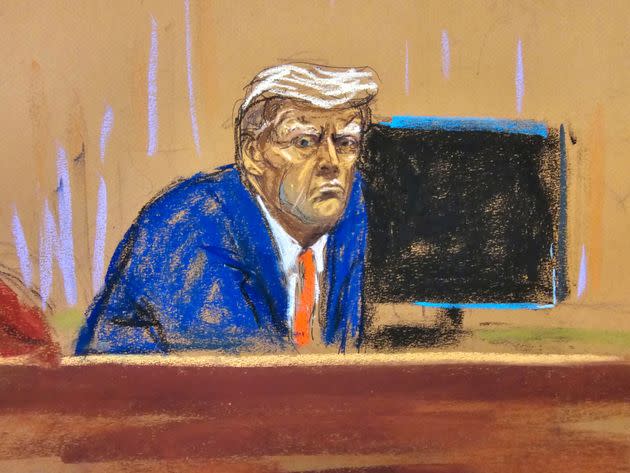 In this courtroom sketch, former President Donald Trump turns to face the audience at the beginning of his trial over charges that he falsified business records to conceal money paid to silence porn star Stormy Daniels in 2016.