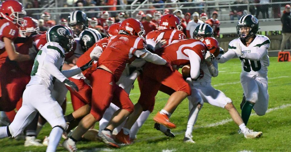 This 16-yard TD run by Spaulding’s Seth Cortina resulted in him dragging several Dover defenders into the end zone.