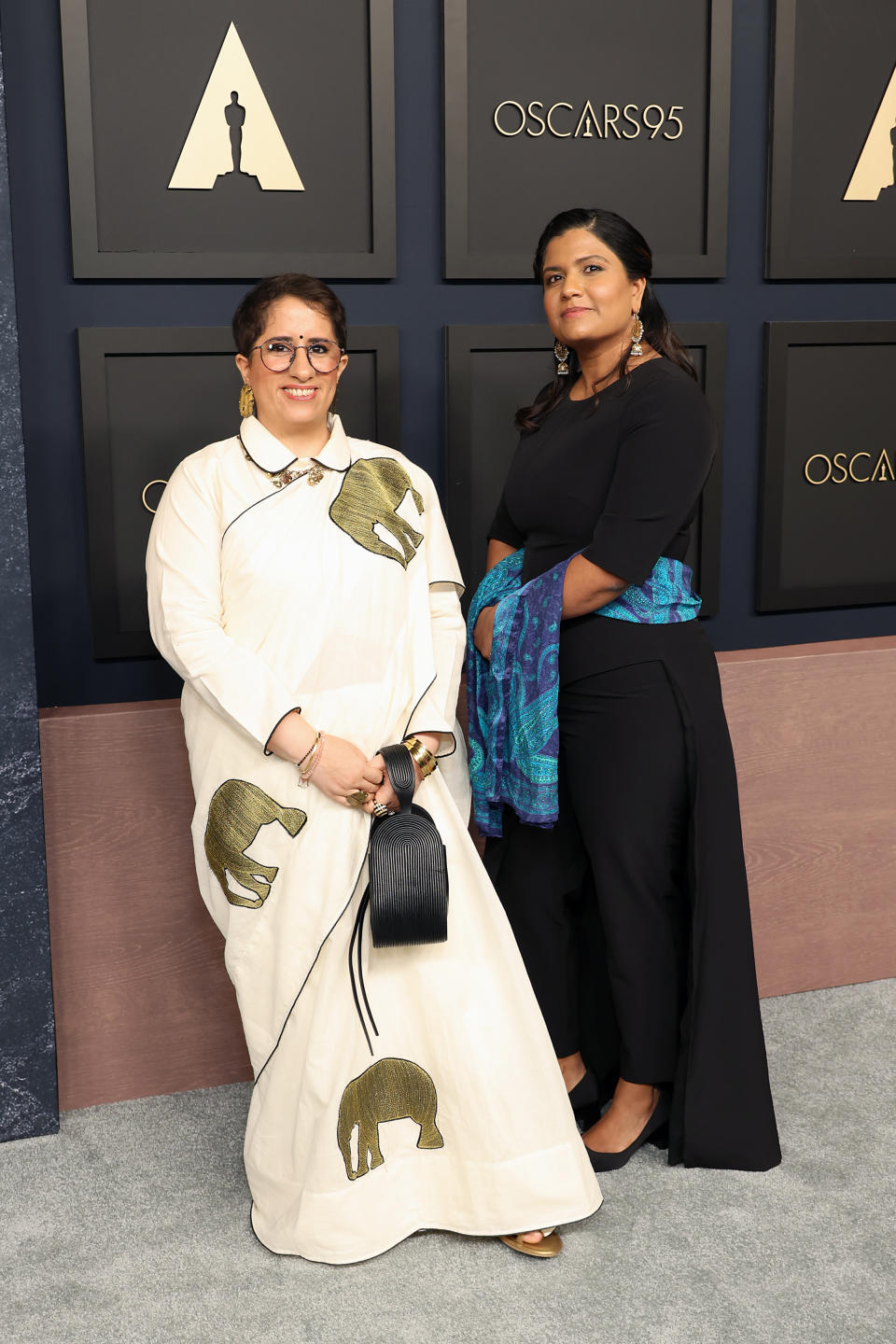 L-R Guneet Monga and Kartiki Gonsalves attend the 95th Annual Oscars Nominees Luncheon at The Beverly Hilton on February 13, 2023 in Beverly Hills, California.