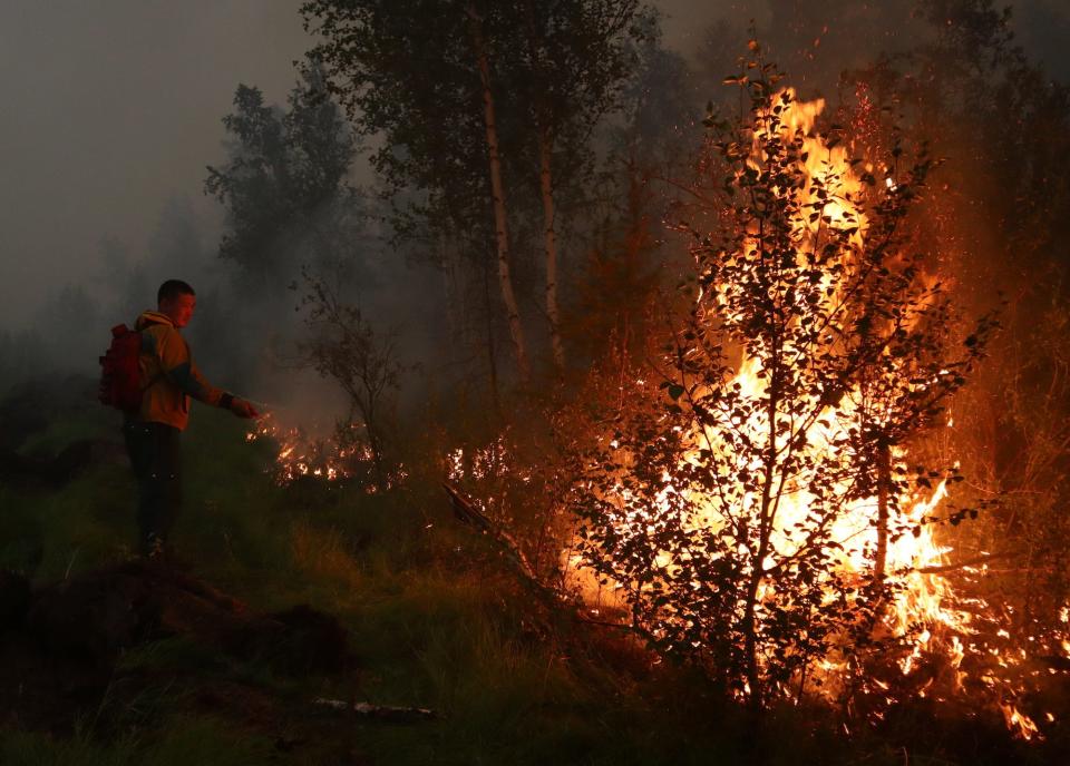 A firefighter battles a burning tree