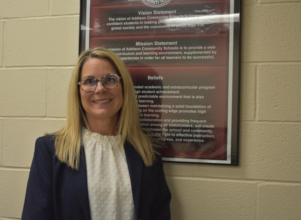 Addison Community Schools interim Superintendent Julie Helber smiles while pictured inside the superintendent's office July 31. Helber will work with Addison schools over the next two months as its conducts a search for its next superintendent.