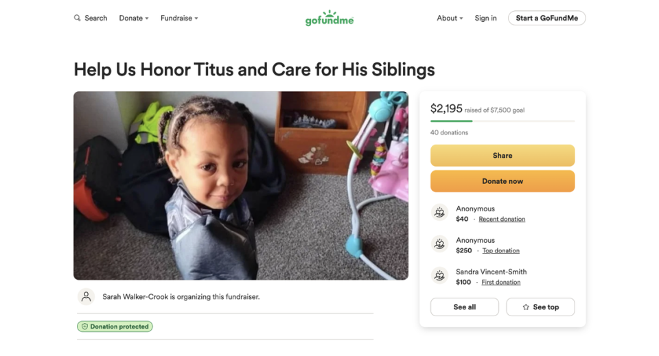 An image from a GoFundMe page shows 3-year-old Titus, who was identified as the child who died after falling from a window of the Independence Towers.