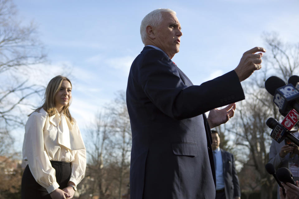 Former Vice President Mike Pence, left, speaks to reporters before the MockCon event at University Chapel at Washington and Lee University on Tuesday, March 21, 2023, in Lexington, Va. (Scott P. Yates/The Roanoke Times via AP)