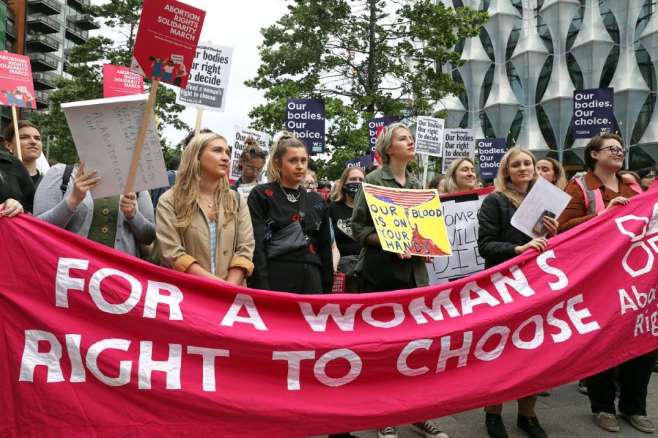 Demonstrators gather outside the United States embassy in Vauxhall, south London to protest against the decision to end constitutional protections for abortion in the US (Ashlee Ruggels/PA) (PA Wire)