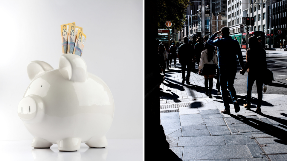 White piggy bank with Australian $50 notes. Pedestrians on Australian street. 