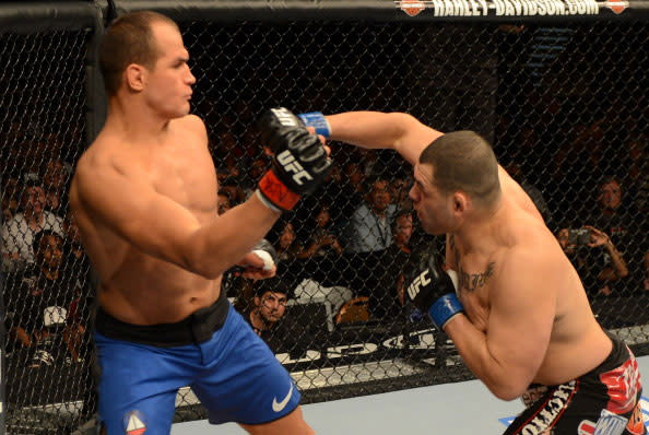 Cain Velasquez versus Junior dos Santos during their heavyweight championship fight at UFC 155 on December 29, 2012 at MGM Grand Garden Arena in Las Vegas, Nevada. (Photo by Donald Miralle/Zuffa LLC/Zuffa LLC via Getty Images)