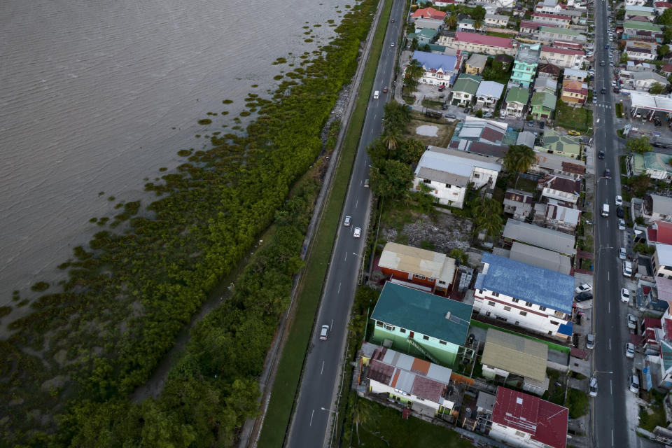 View of mangroves next to the seawall in Georgetown, Guyana, Wednesday, April 19, 2023. Guyana, is a small nation about the size of Britain that has a 285-mile-long (459 kilometers) coastline whose coastal plains lie an average of 6 feet (2 meters) below sea level. (AP Photo/Matias Delacroix)