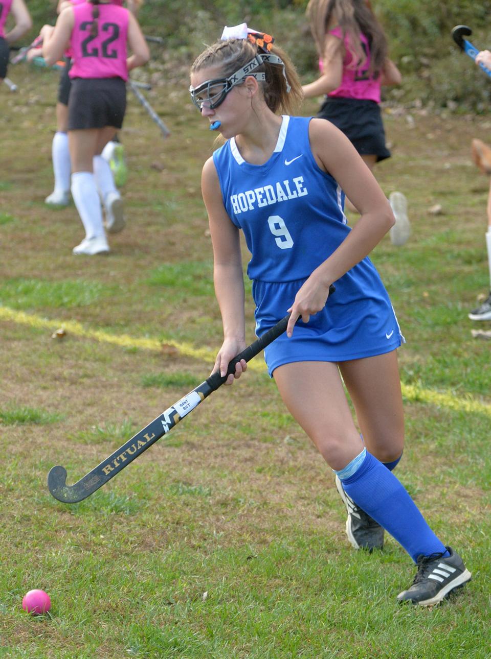 Hopedale High School field hockey sophomore Emma Gosselin, against Blackstone Valley Tech, October 14, 2021.