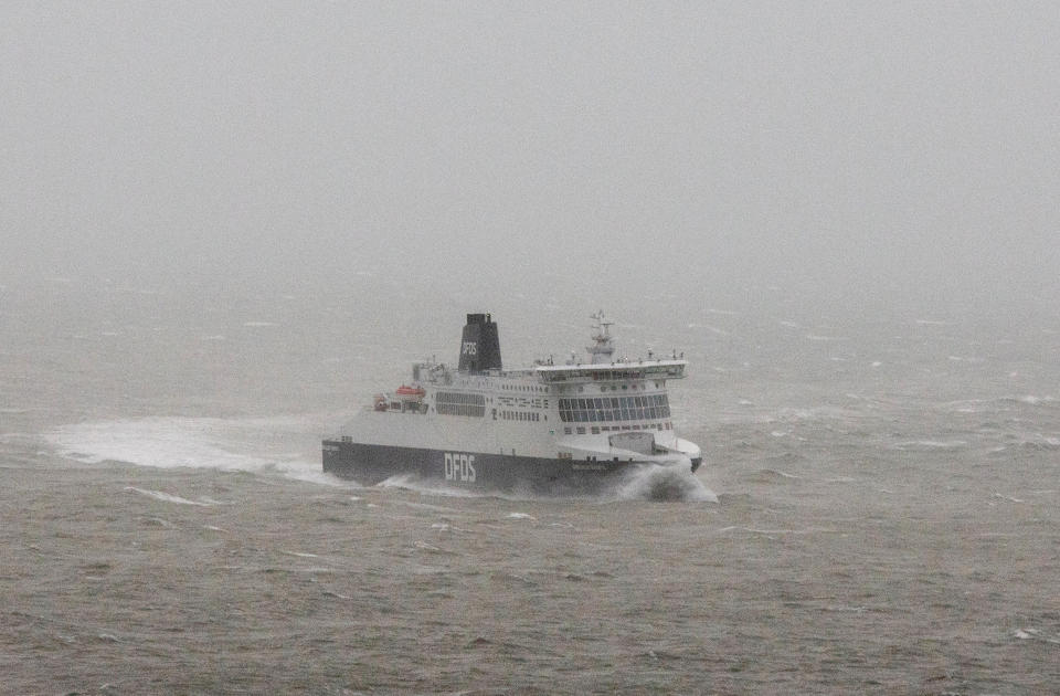 An early morning ferry from Calais to Dover battled with rough seas in The Channel caused by Storm Eunice. (SWNS)