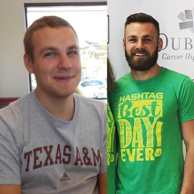 young college-age kid smiling; now with full beard and shirt that says, "Hashtag best day ever"