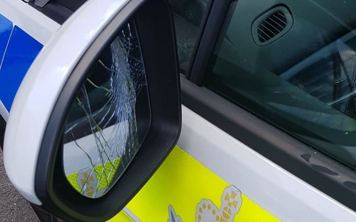 FERRARI PRESS AGENCY Villagers in Stanwell, Surrey are resorting to wearing cycle helmets after being pelted by a phantom catapultier hiding in a neighbouring nature reserve. Police were also targeted when attending on Monday. Credit: Surrey Police SEE FERRARI COPY - FERRARI PRESS AGENCY