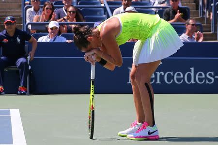 Sep 4, 2016; New York, NY, USA; Roberta Vinci of Italy celebrates after defeating Lesia Tsurenko of Ukraine (not pictured) on day seven of the 2016 U.S. Open tennis tournament at USTA Billie Jean King National Tennis Center. Mandatory Credit: Anthony Gruppuso-USA TODAY Sports