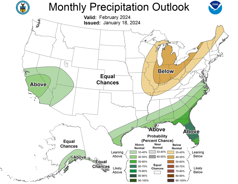 North State rain and snowfall may hover around historic averages in February, according to the National Weather Service's Climate Prediction Center’s 2024 outlook.