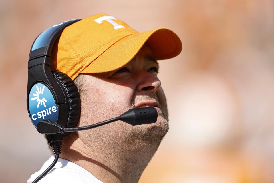 Tennessee head coach Josh Heupel watches play on the Jumbotron during the second half of an NCAA college football game against the Tennessee Martin Saturday, Oct. 22, 2022, in Knoxville, Tenn. Tennessee won 65-24. (AP Photo/Wade Payne)