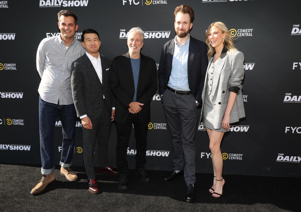 Michael Kosta, Ronny Chieng, Jon Stewart, Jordan Klepper, and Desi Lydic attend the 2024 Emmy official screening and panel of "The Daily Show"